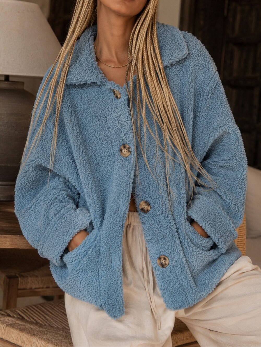 $158 Anthropologie x AMADI Danika Fuzzy Teddy Sky Fuzzy Shirt Jacket Coat